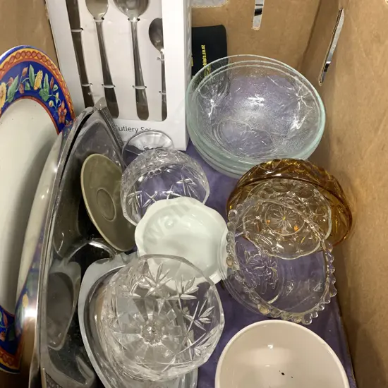 Box Lot 16Pce Cutlery Set, Glassware, Crockery Etc