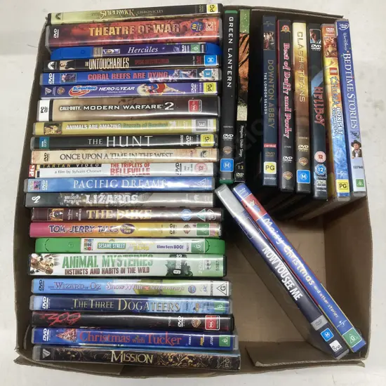 Box Lot of DVDs, Downtown Abbey, Maisy, 300, Hercules Etc