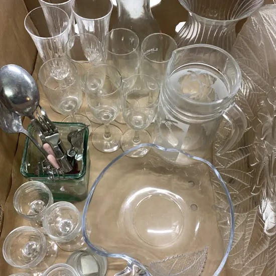 Box Lot Of Vintage Glass Ware Including Glasses, Water Jug, Bowls Etc