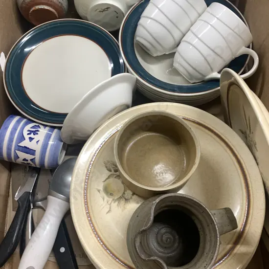 Box Lot Of Crockery, Pottery, Cutlery Etc
