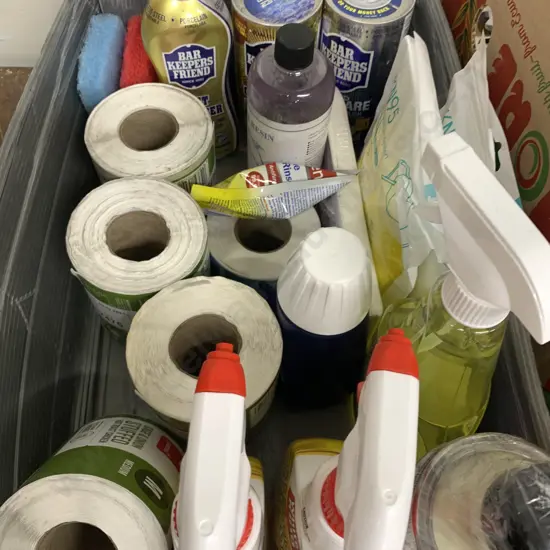 Box of White King Bleach Spray, Bissell Spot Stain, Bar Keepers Friend Products Etc
