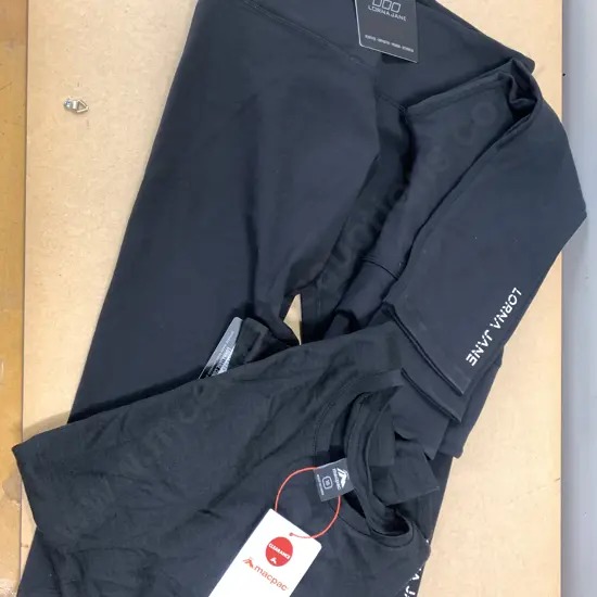 Black Lorna Jane Lotus 7/8 Leggings x 2, Size L & Macpac Merino Graphic 180 Tee Size 10