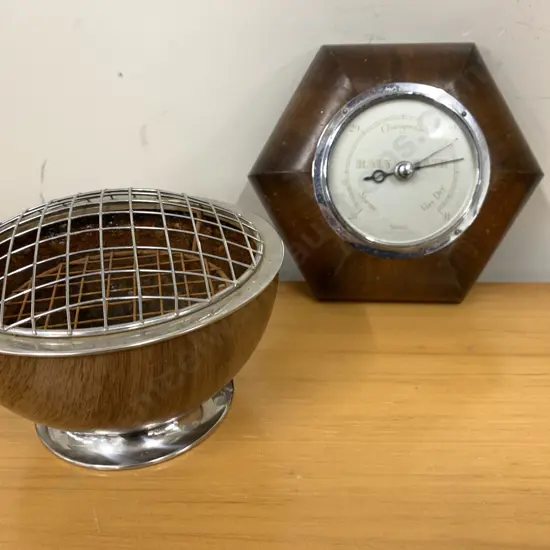 Vintage Items Including Art Deco English Smiths Barometer & Wooden/Chrome Footed  Posy Bowl