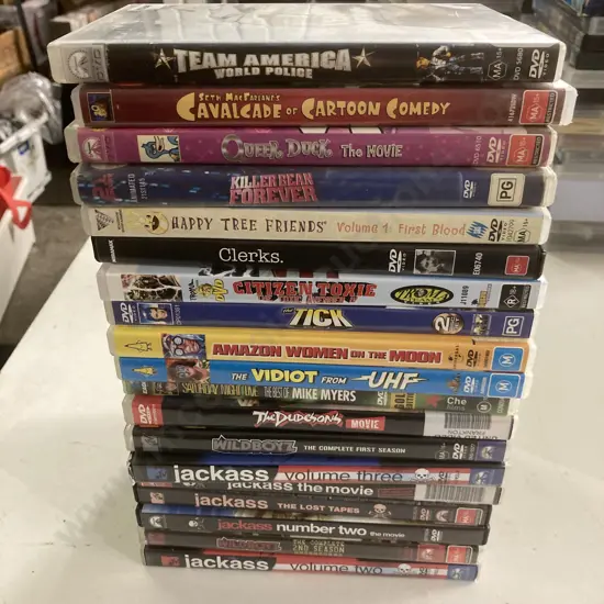 Lot of 19 DVDs, Tick, Happy Tree Friends, WildBoyz, Dudesons, Jackass, Queer Duck Etc