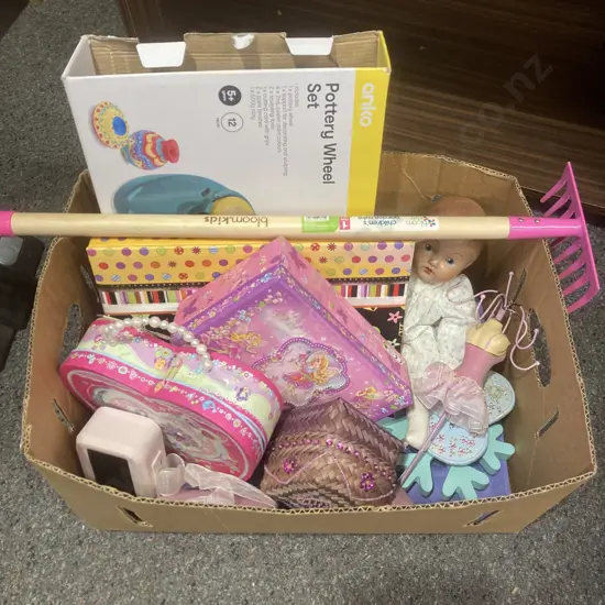 Box Lot of Photo Frame, Storage Boxes, Vintage Doll Etc