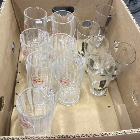 Box Lot of 5 x Kirin First Press Beer Branded Glasses & 7 x Orion Breweries Ltd Beer Glass Steins, Okinawa, Japan,
