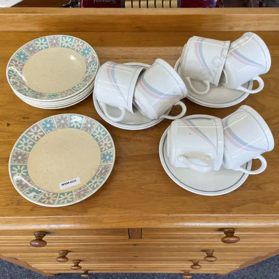 Crown Lynn Side Plates with assorted Persbello Cups and Saucers