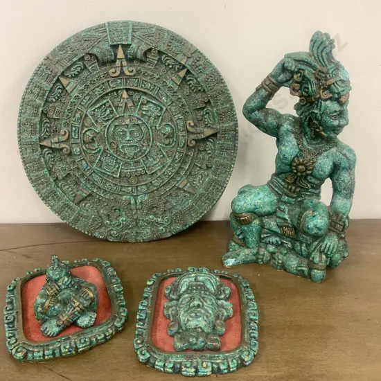 Aztec Warrior Sculpture (af to foot) Blue Turquoise Colour With 3 Wall Plaques