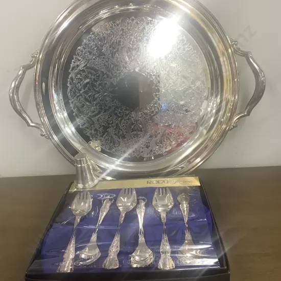 Assortment of Silverware, 37cm Serving Tray, Pepper Shaker, Rodd Dessert Set