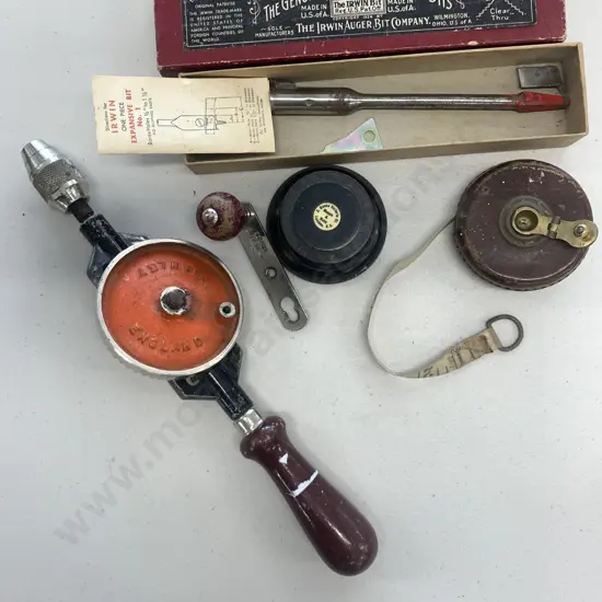 Assortment of Vintage Items, Irwin Bits, Tape measure, Stanley Drill Etc