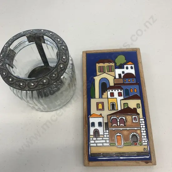 Glass Candle Holder, Lift Up Rim & Tile Wall Plaque H22cm,W12cm.