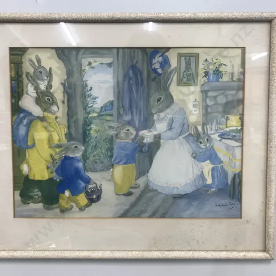 Vintage Framed Artwork by Margaret Ross? of Rabbits, 36 x 44cm