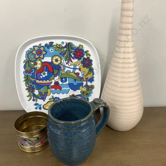 Rhubarb Vase, Sango Plate, Pottery Mug & Desiqual Bangle
