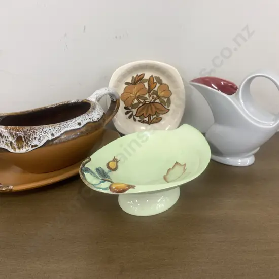Pottery Gravy Jug, Under Dish, Carltonware Pedestal Dish, Crown Devon Jug, Palissy Dish