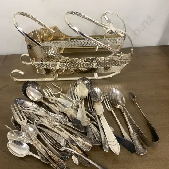 Assortment of Silverware Items, Cutlery, Sleigh Bottle Holder