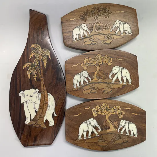 Vintage Carved Wooden and Inlaid Bone? Wall Hung Panels with Elephants