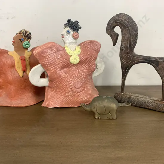 Decorative Horse, Brass Elephant & Pair of Pottery Figurines 1x (af on head)