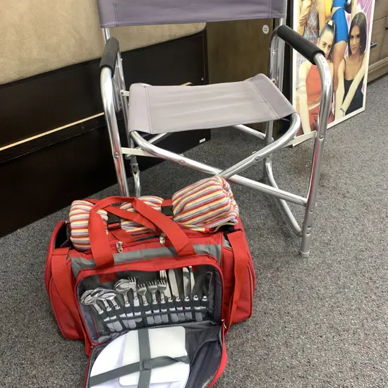 Picnic Hamper, Red / Grey With Fold-up Chair, Grey With Chrome Frame