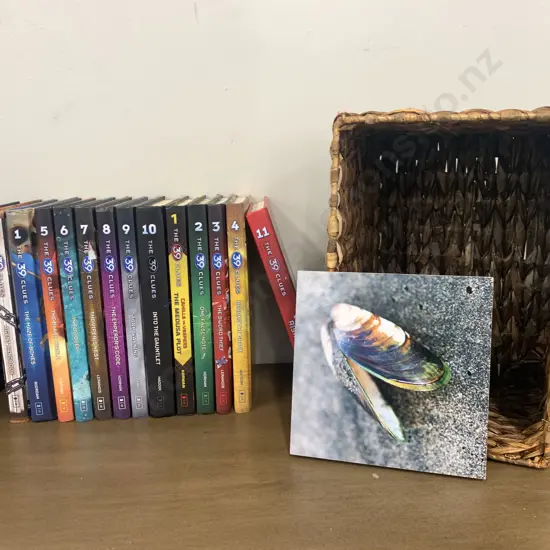 Lot of Books, 14 x The 39 Clues, Edenripley Shell Wall Plaque & Cane Basket