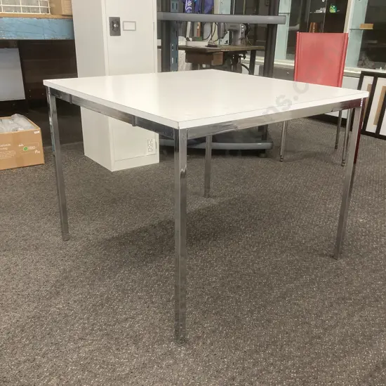 Square White Table With 4 Polished Steel Legs, H72 W90 D90cm