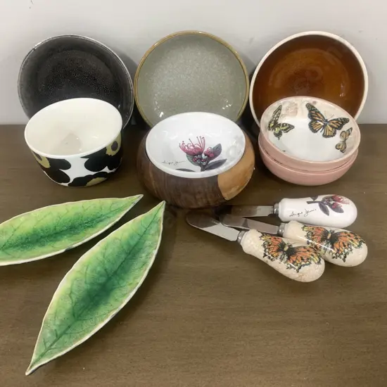 Assortment of Hors D'oeuvre Dishes, Knives, Bowl Etc Including Angie Dennis, Haven Etc