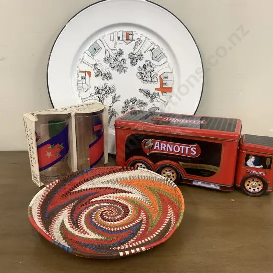 Wolfkamp & Stone Enamel Plate 'Huts', Arnotts Tin, Set of 2 Highball Glasses, Round Wooden Dish