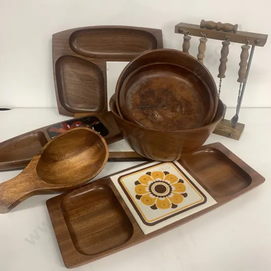 Assortment Of Vintage Wooden Ware Including Serving Bowls, Trays, Cutlery Etc 
