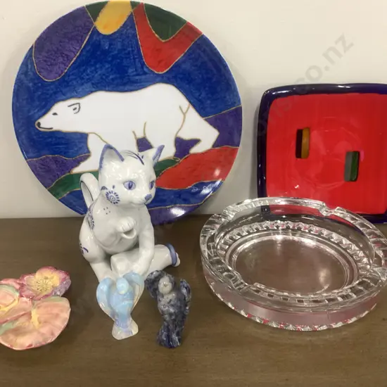 Assortment of China Items, Franklin Mint Cat, Royal Venton Dish, Angels, Glass Items, Skye McChie Plate