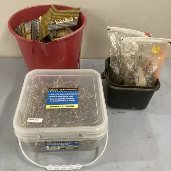 Box Lot 2000 Square Drive 8x50mm Chipboard Screws, Bucket Sifco Strip Nails, Bags Of Nails Etc