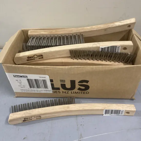 Box of 12 Flexovit Hand Held Wire Brush, Stainless Steel, 3-Row Wooden Handle 43T Conv (W4440)