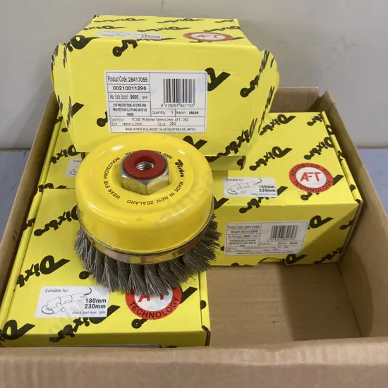 Box of 4 Dixbro TC100 IR Skirted 14mm x 2mm AFT-26G Twist Knot Cup Brush, 9000rpm (180mm & 230mm)