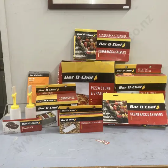 Lot of Bar-B-Chef Items, Pizza Stone, Vertical Roaster, Kebab Racks, Condiment Tray Etc