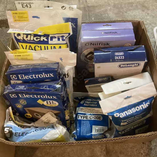 Box Lot Assorted Electrolux, Nilfisk, Panasonic Etc Vacuum Bags