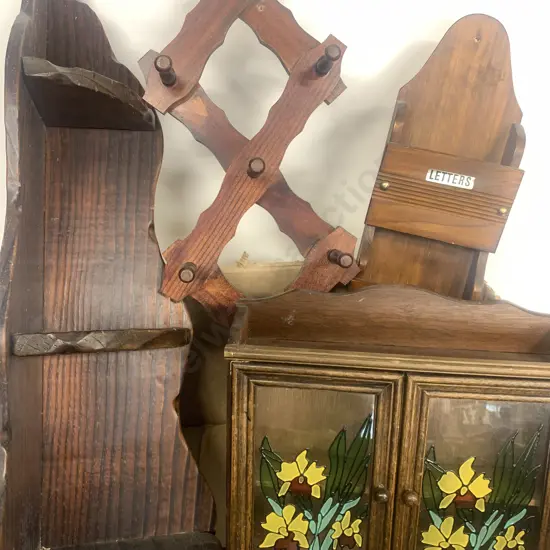 Assortment Of Vintage Wooden Ware Including Shelf Unit, Letter Holder Etc