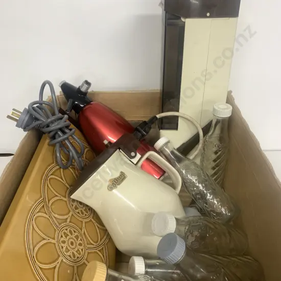 Assortment Of Vintage Items Including Soda Stream, Cylinders, Bottles, Guilford Jug & Ralta Hot Plate