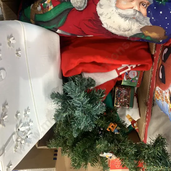 Box Lot Of Christmas Items & White Handbags