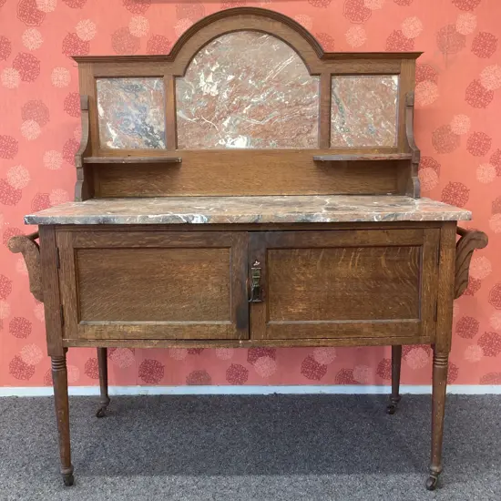 Antique Edwardian Washstand, Brown & Cream Marble Top & Inlaid Back, Tapering Legs to Castors, 2 Doors With Key