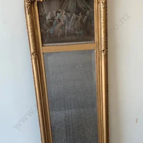 Stunning Antique Heavily Ornate Gilded Cherub Mirror Bevelled Edge With Picture 'LE COUCHE' DE LA MARIEE