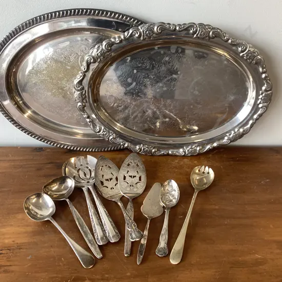 Assortment of Silverware, Including Oval Serving Trays x 2 & Cutlery