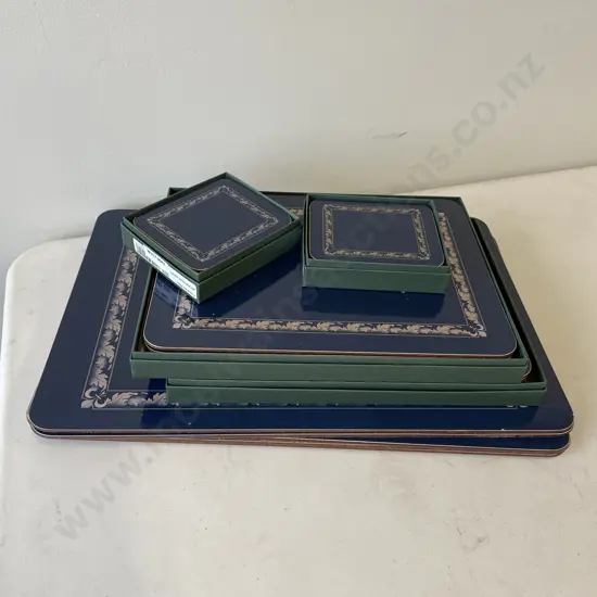 Jason Placemats & Coasters, Rectangular 'Acanthus Navy', 2 Boxes Each Of Placemats & Coasters, 6 Large Centre Placemats