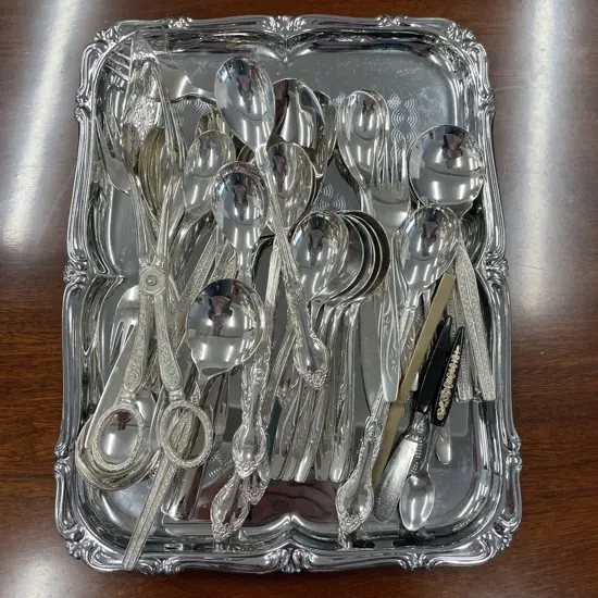 Silver Tray with Assorted Vintage Cutlery Including Grosvenor