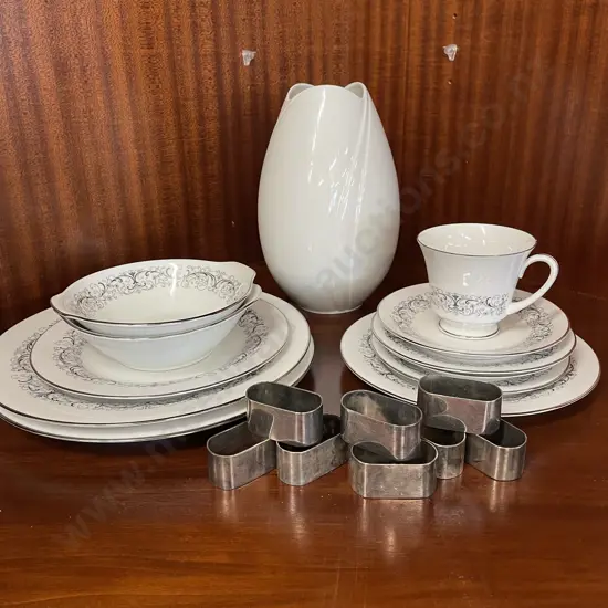 Alzbura White Vase, Noritake Dinnerware items and 8 x silver plated napkin rings