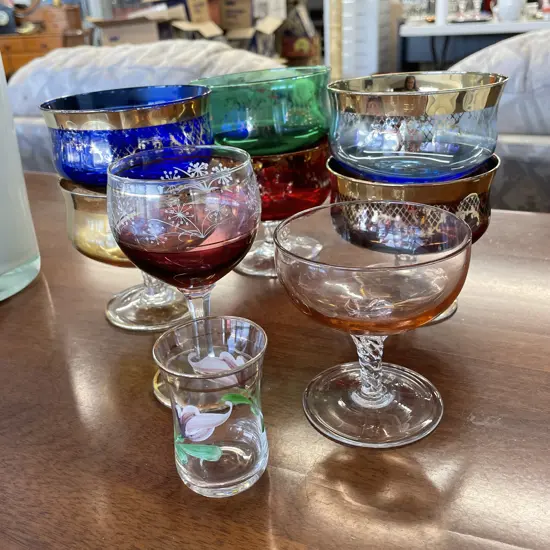 Set of 6 Vintage Coloured glass and gilded stemmed sweet dishes with 3 other glasses