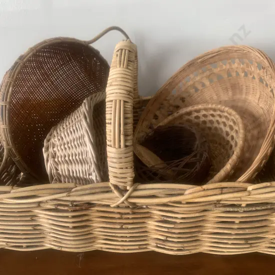Large Rectangular Cane Handled Basket With Assortment Of Caneware