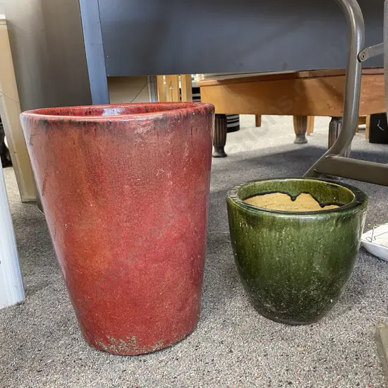 Garden Pottery Planters x 2. Burgundy and Green colours. H36 H21cm
