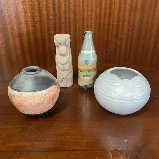 Pottery Items x 2 with coloured sand bottle and figurine