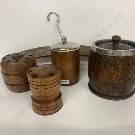 Assortment Of Vintage Cannisters Wooden Pencil Holders & Coat Hanger