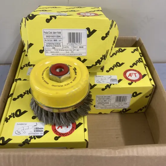 Box of 4 Dixbro TC100 IR Skirted 14mm x 2mm AFT-26G Twist Knot Cup Brush, 9000rpm (180mm & 230mm)
