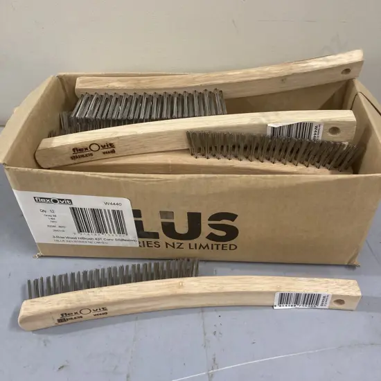 Box of 12 Flexovit Hand Held Wire Brush, Stainless Steel, 3-Row Wooden Handle 43T Conv (W4440)