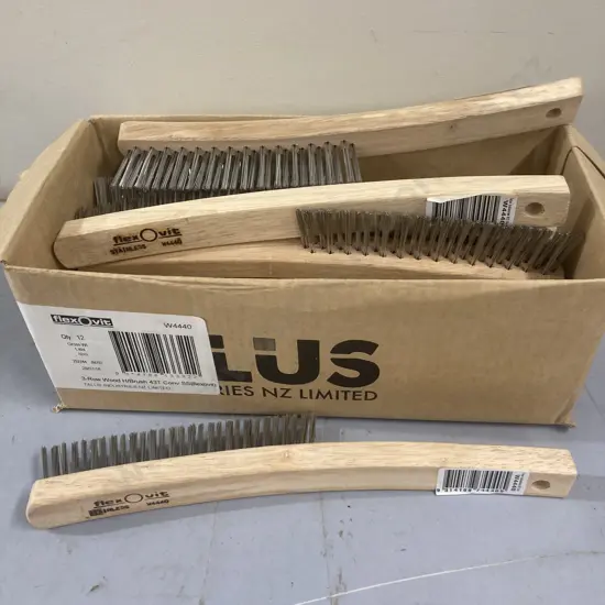 Box of 12 Flexovit Hand Held Wire Brush, Stainless Steel, 3-Row Wooden Handle 43T Conv (W4440)
